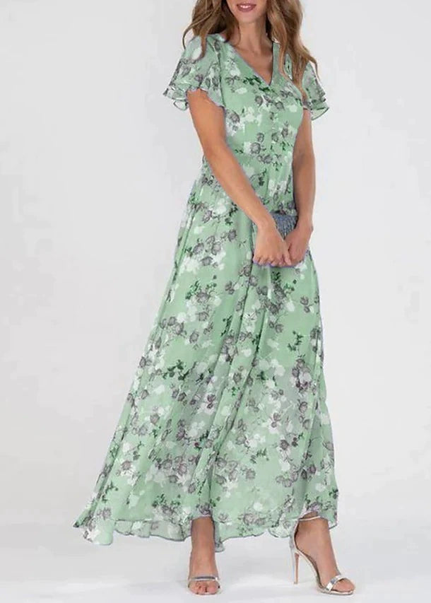 Women’s Floral Maxi Dress with Flutter Sleeves and V-Neck
