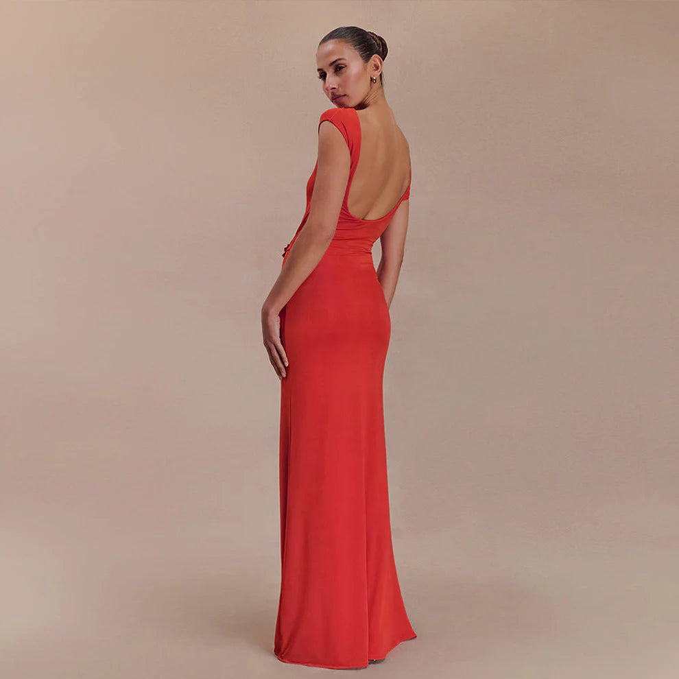 Women's Sheath Maxi Dress with Asymmetric Cutout and Brooch