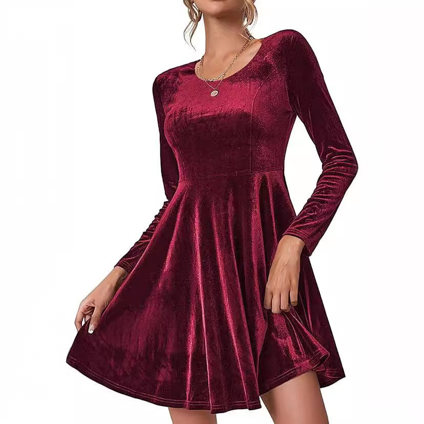 Women's Velvet A-Line Skater Dress Long Sleeve V-Neck