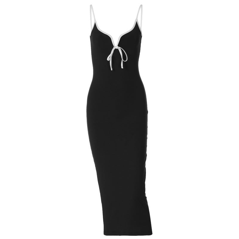 Women’s Bodycon Maxi Dress with Contrast Binding and Bow Detail