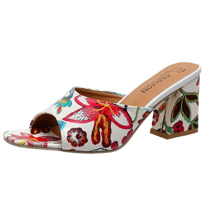 Women's Floral Block Heel Mules Open Toe for Everyday