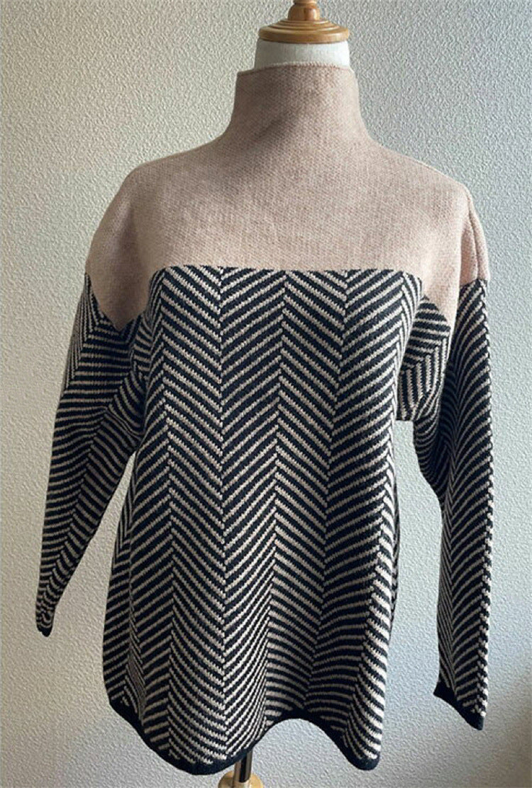 Women's Chevron Knit Jumper with High Neck and Relaxed Fit