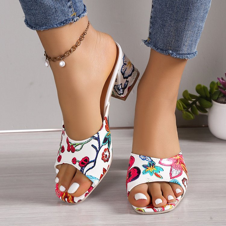 Women's Floral Block Heel Mules Open Toe for Everyday