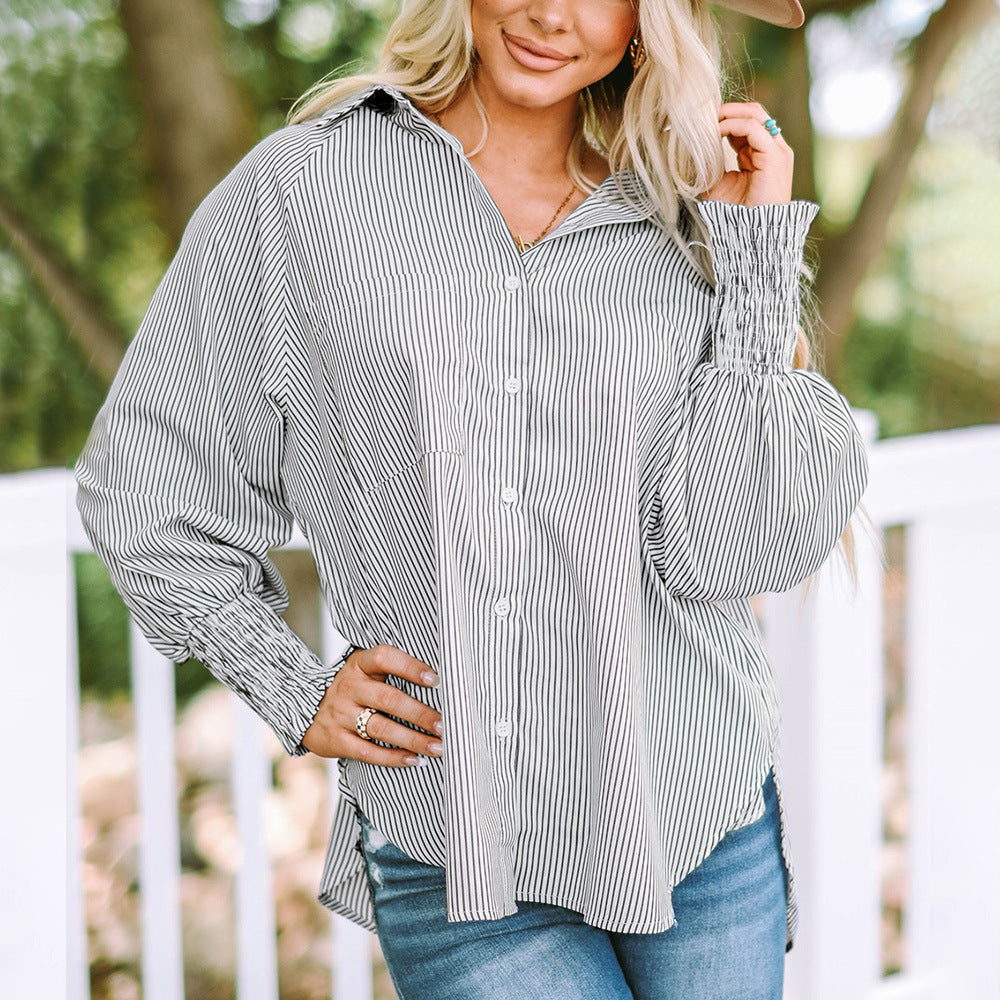 Women's Button Down Shirt Striped Oversized Smocked Cuff Blouse