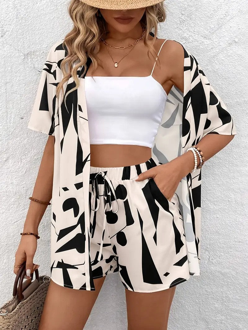 Women’s Shorts Set with Open Front Kimono Blouse and Pockets