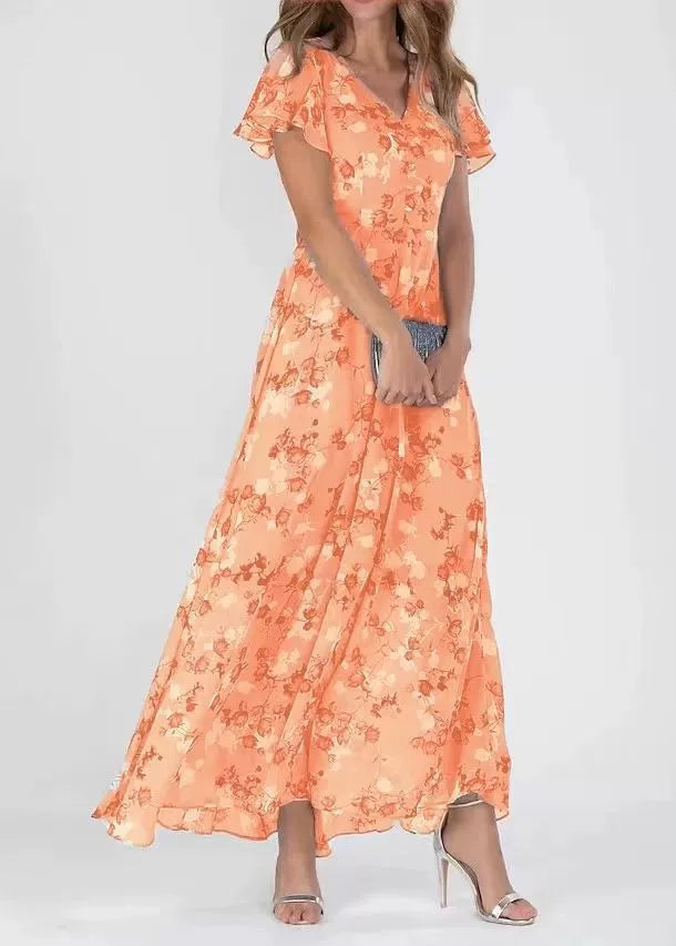 Women’s Floral Maxi Dress with Flutter Sleeves and V-Neck