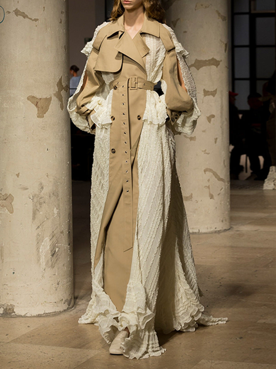 Women’s Trench Coat Maxi Dress with Pleated Ruffled Panels