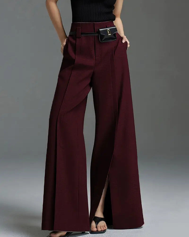 Ceylan Women's Pleated Wide Leg Trousers Split Hem Detail