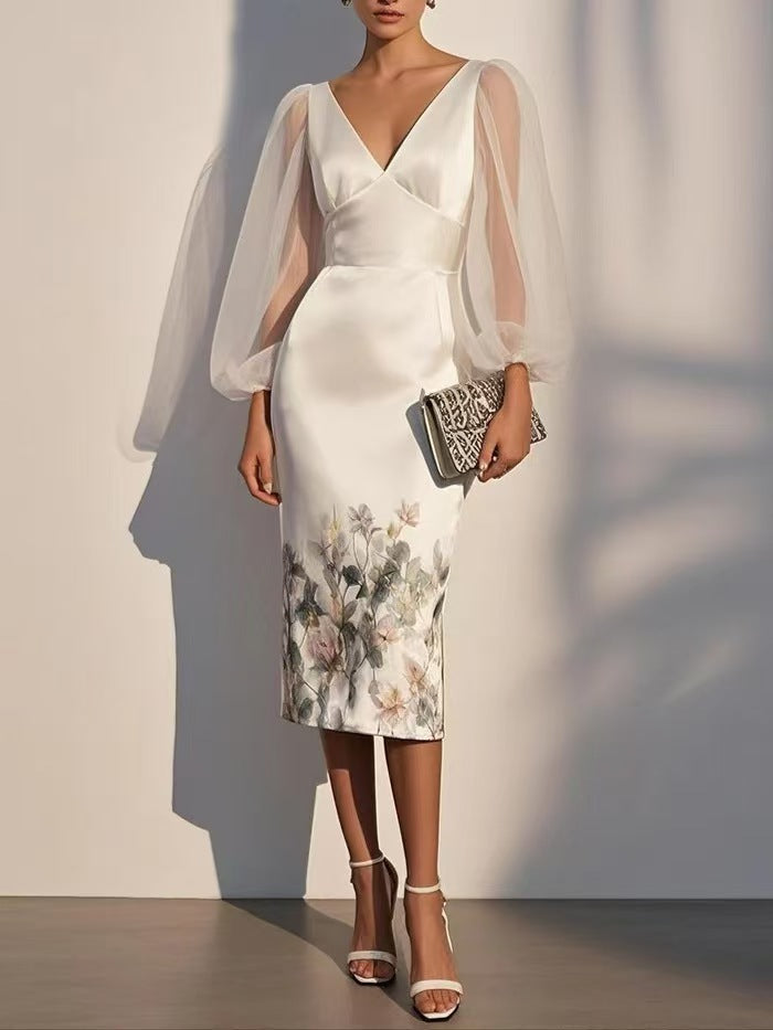Women’s Midi Dress with Sheer Puff Sleeves and Floral Border Print