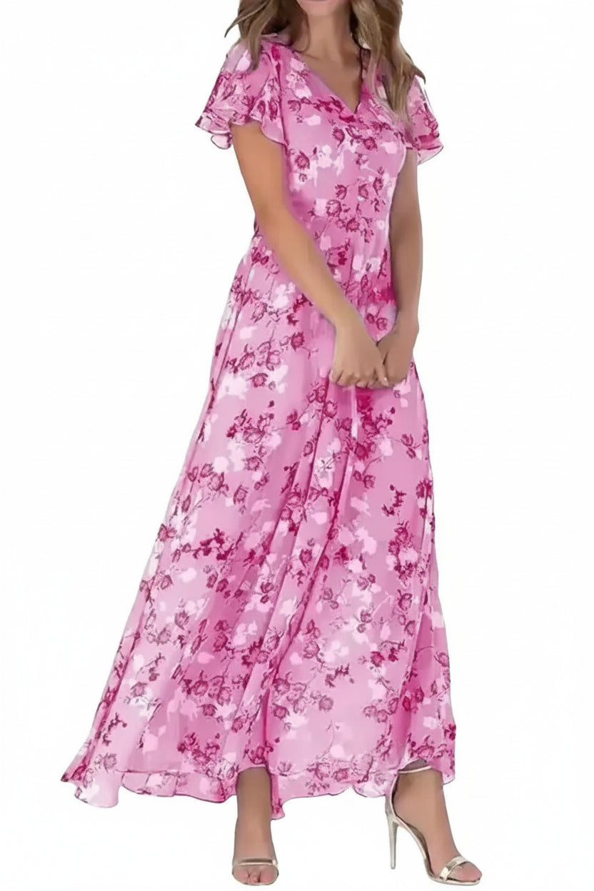 Women’s Floral Maxi Dress with Flutter Sleeves and V-Neck