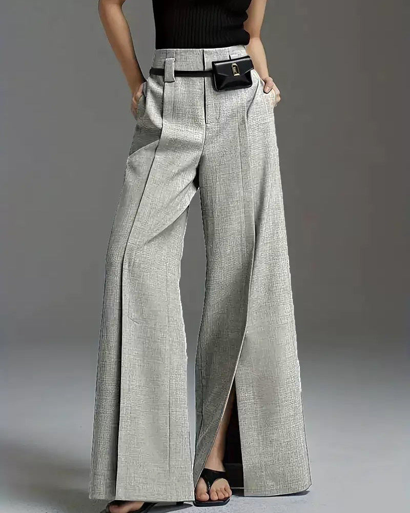 Ceylan Women's Pleated Wide Leg Trousers Split Hem Detail