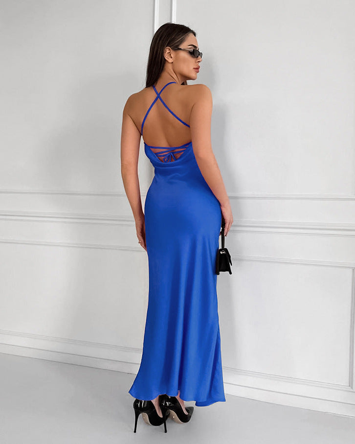 Women’s Halter Neck Satin Maxi Dress with Bias Cut Silhouette