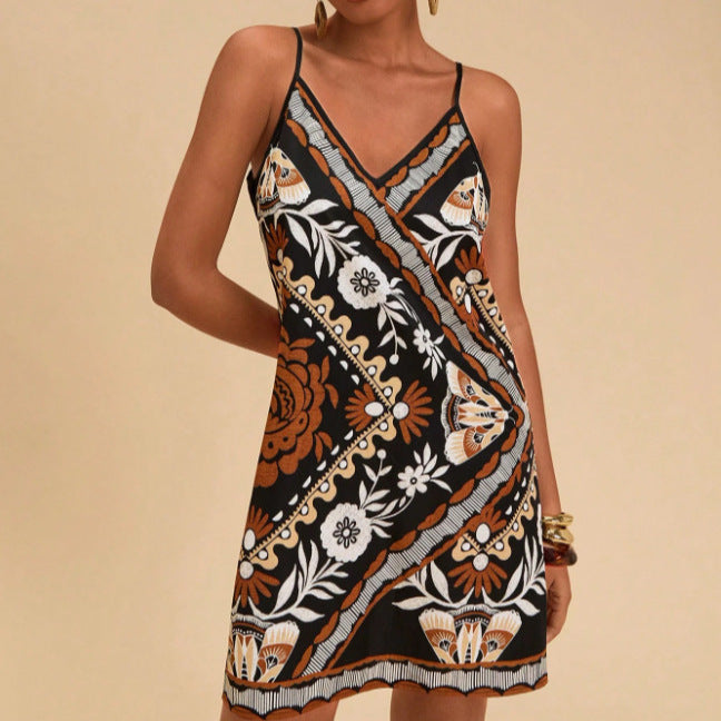 Women's V-Neck Floral Print Slim-Fit Slip Dress