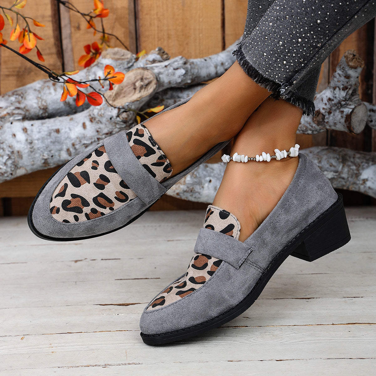 Women's Leopard Print Loafers Low Block Heel Slip-On