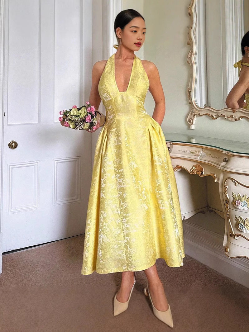 Women’s Midi Dress with Halter Neckline and Corset Bodice