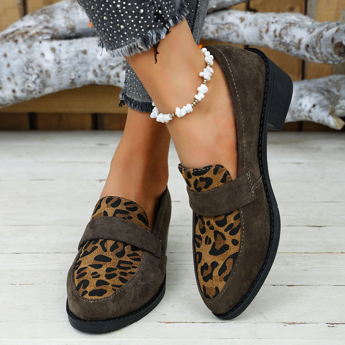Women's Leopard Print Loafers Low Block Heel Slip-On