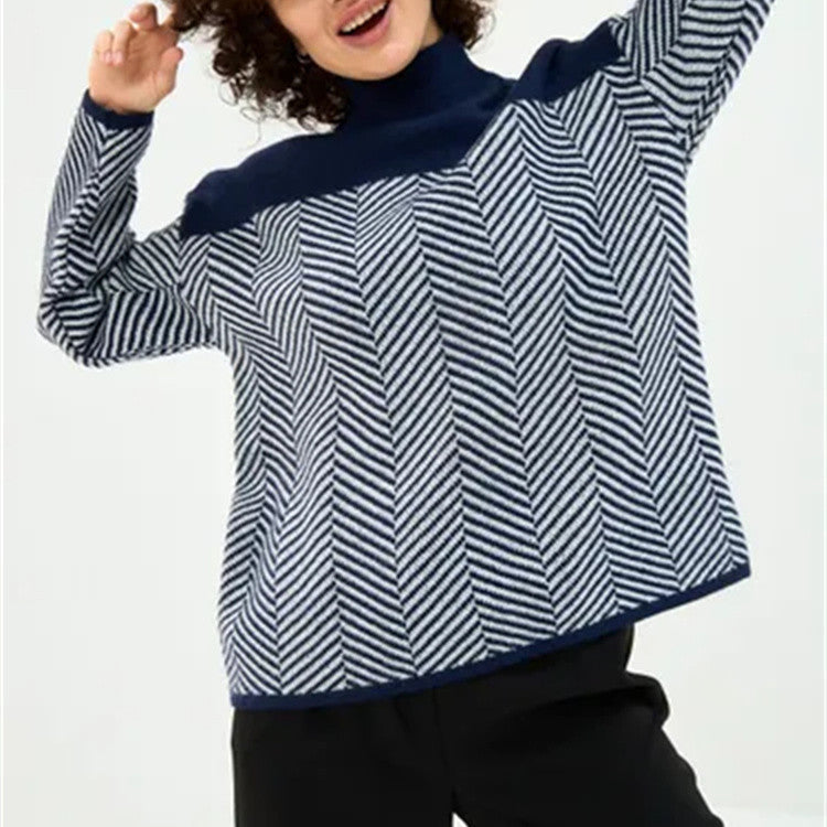 Women's Chevron Knit Jumper with High Neck and Relaxed Fit