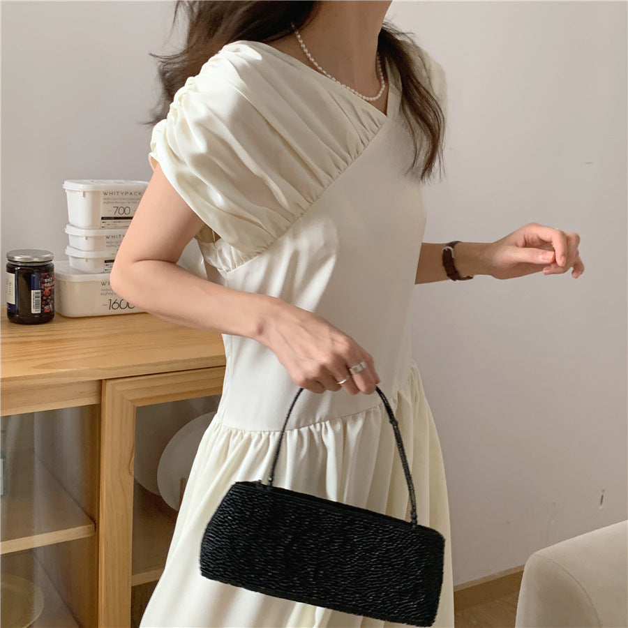 Women’s Maxi Dress Ruched Cap Sleeve Drop Waist Pleated Gown