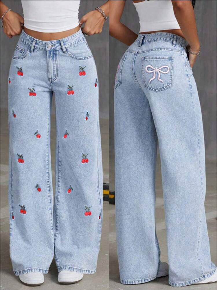 Women's Wide-Leg Denim Trousers with Vintage Korean Design