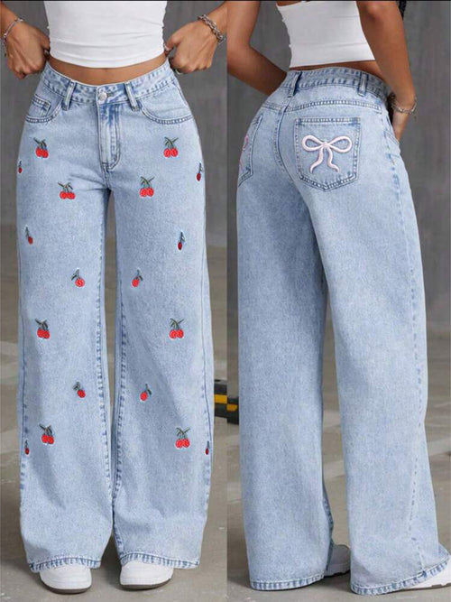 Women's Wide-Leg Denim Trousers with Vintage Korean Design