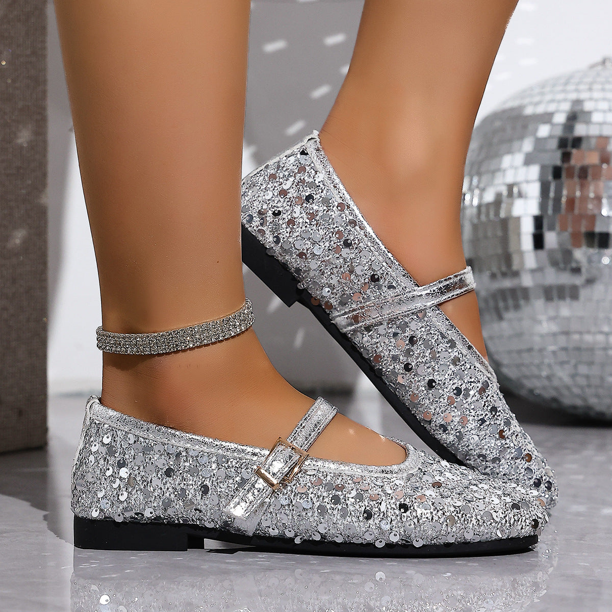 Women's Glitter Mary Jane Shoes with Ankle Strap