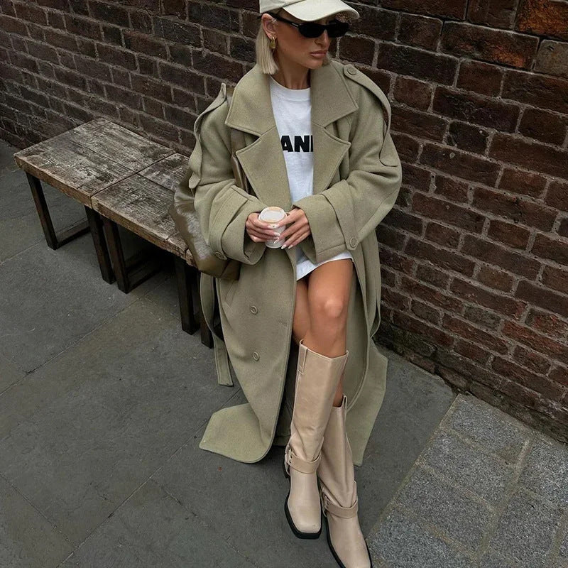 Damen Modischer Oversized-Mantel mit taillierbarem Gürtel Drune