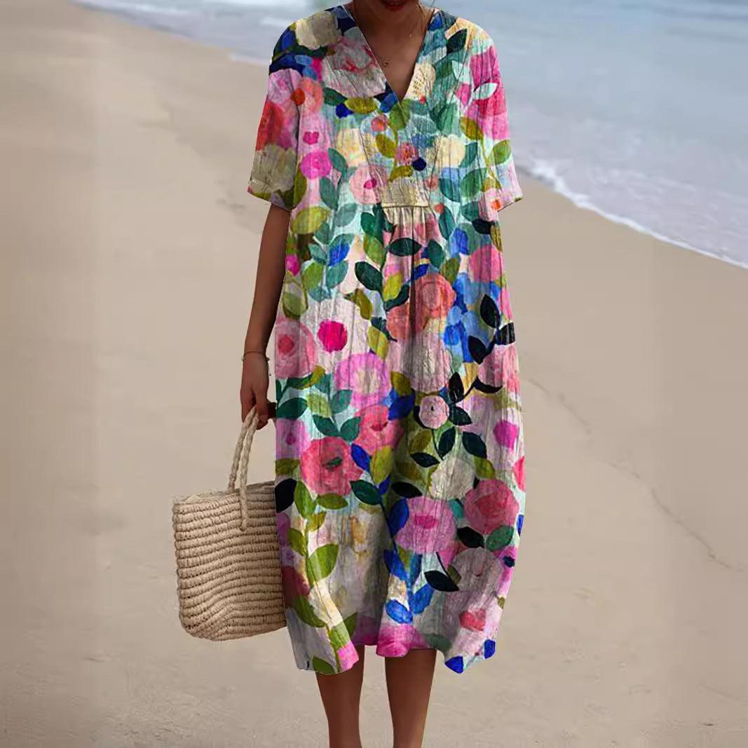 Women’s Midi Dress with V-Neckline and Vintage Floral Print