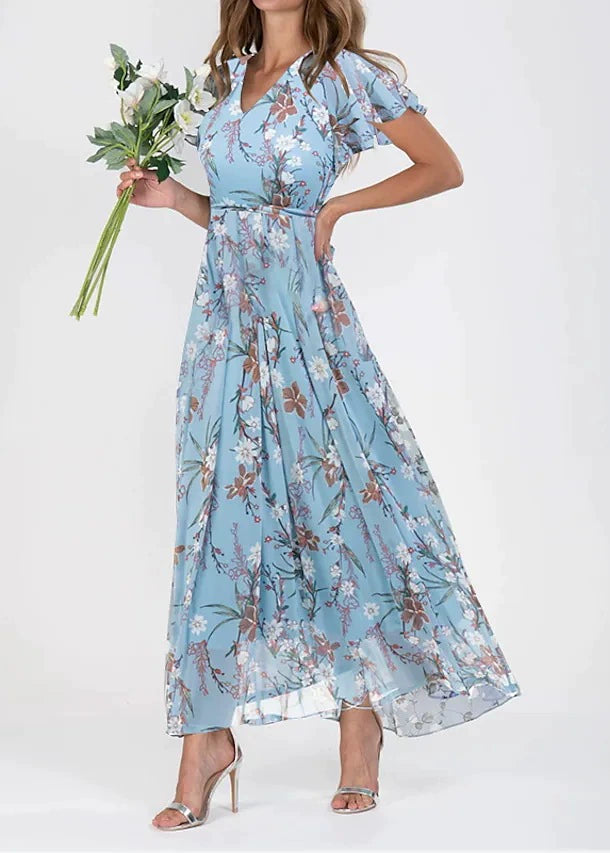 Women’s Floral Maxi Dress with Flutter Sleeves and V-Neck