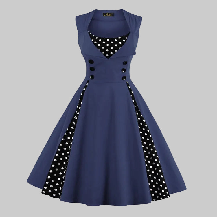 Women’s Vintage Swing Dress with Polka Dot Panels and Double Breasted Buttons