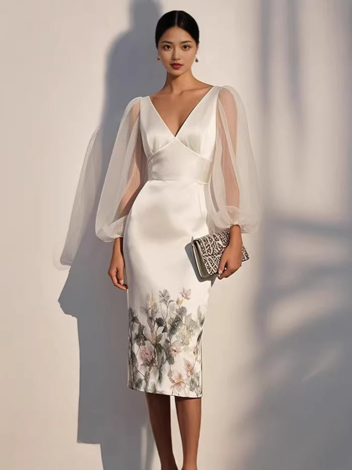 Women’s Midi Dress with Sheer Puff Sleeves and Floral Border Print
