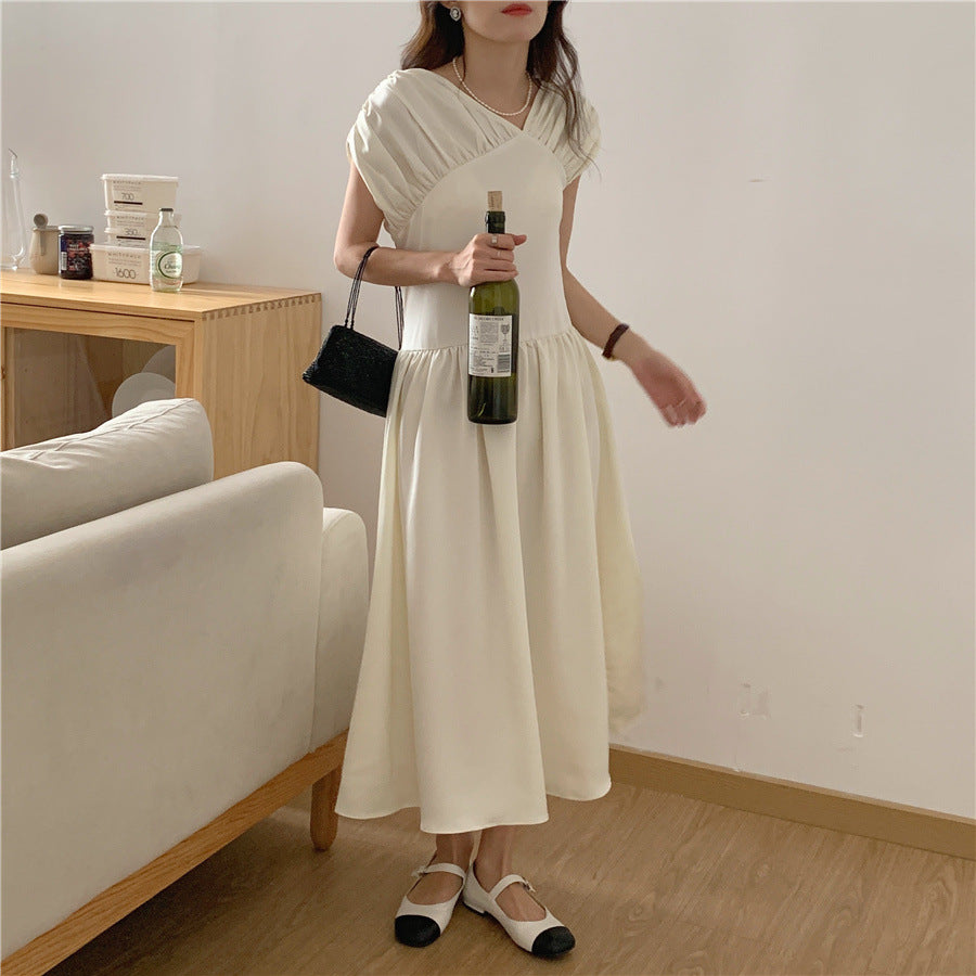 Women’s Maxi Dress Ruched Cap Sleeve Drop Waist Pleated Gown