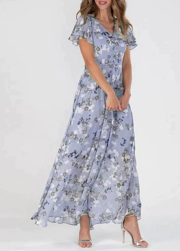 Women’s Floral Maxi Dress with Flutter Sleeves and V-Neck