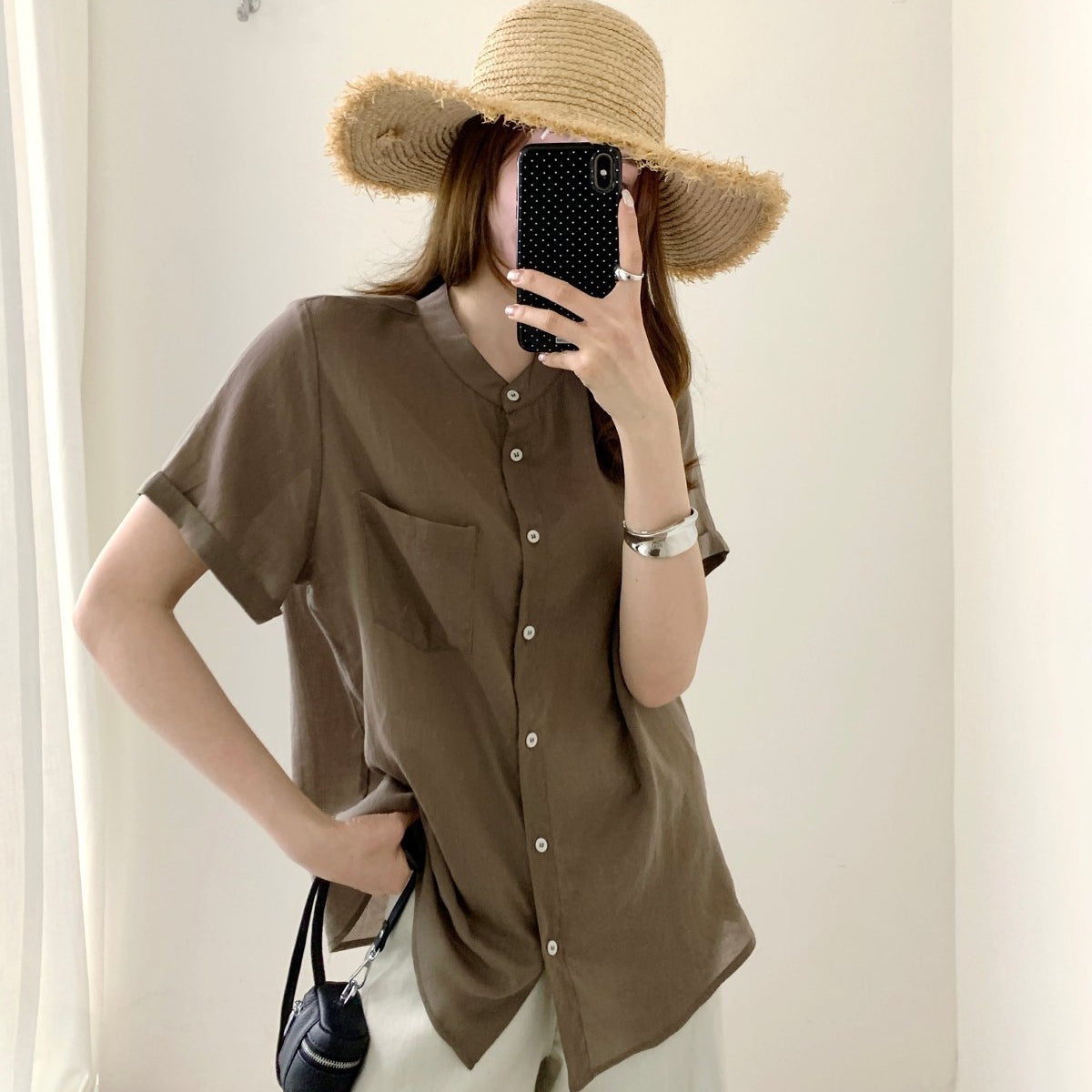 Women’s Tunic Tops with Linen Button-Front and Chest Pocket
