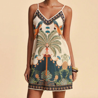Women's V-Neck Floral Print Slim-Fit Slip Dress