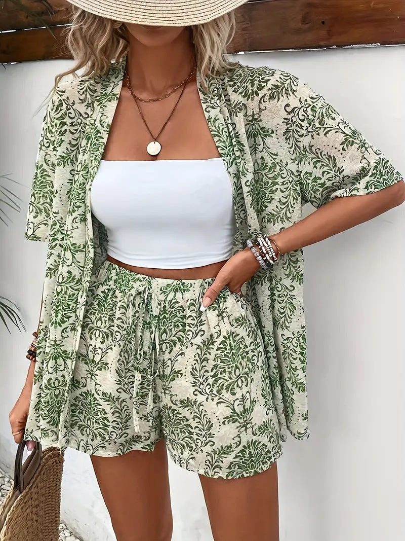 Women’s Shorts Set with Open Front Kimono Blouse and Pockets