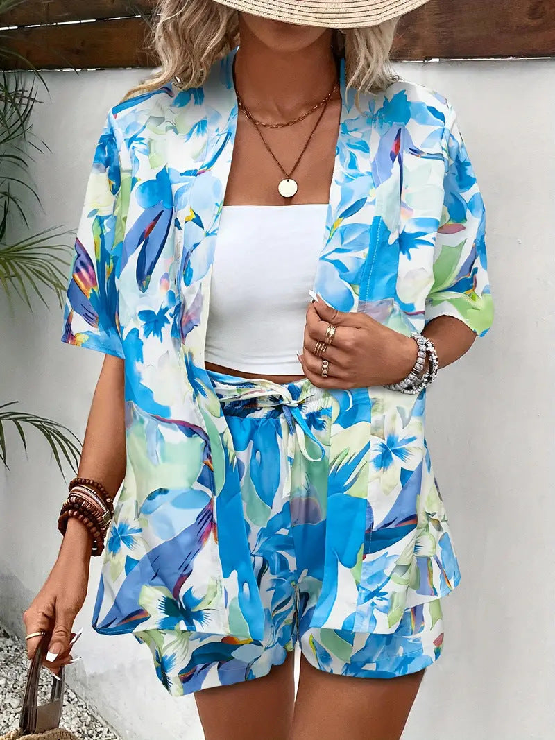 Women’s Shorts Set with Open Front Kimono Blouse and Pockets