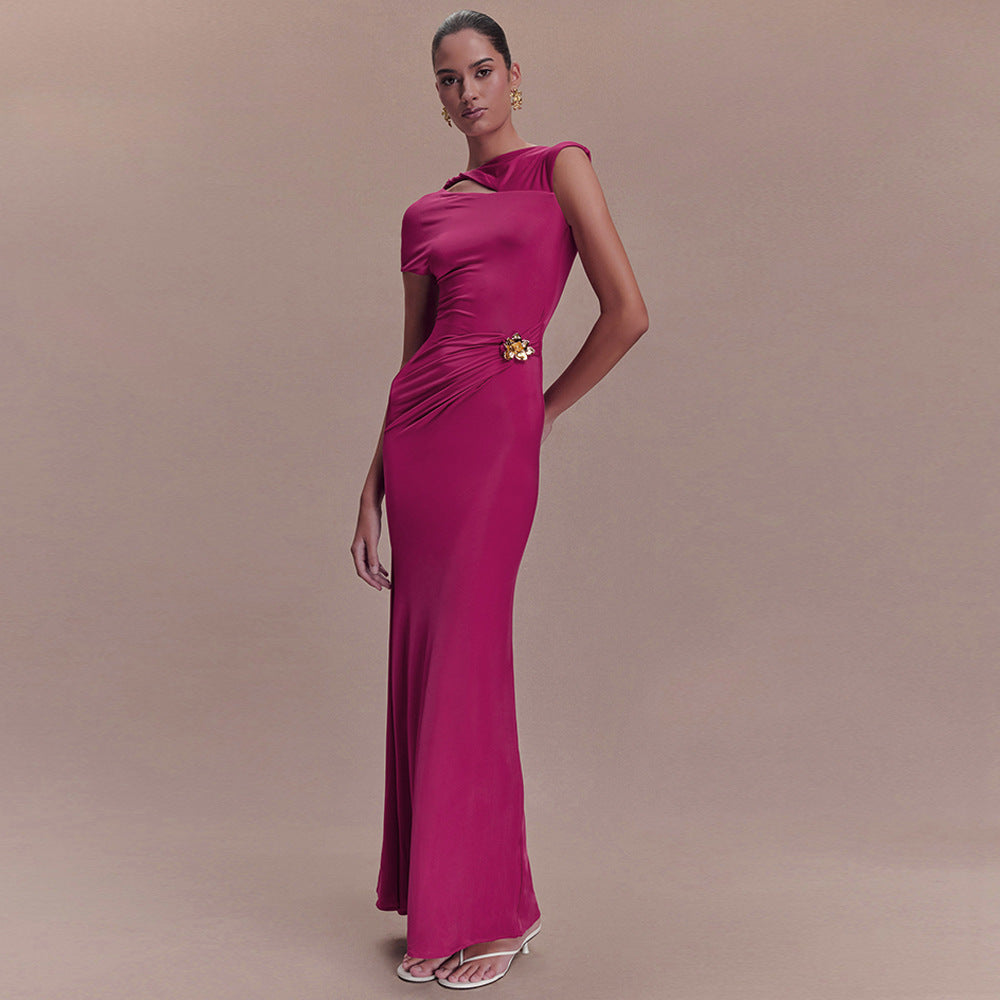 Women's Sheath Maxi Dress with Asymmetric Cutout and Brooch