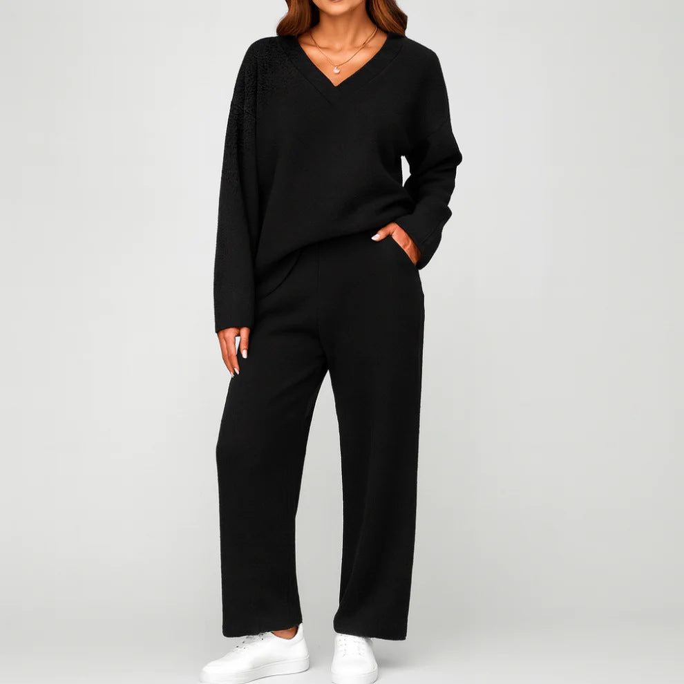 Ceylan Women’s Loungewear Set Ribbed V-Neck Top and Wide Leg Pants