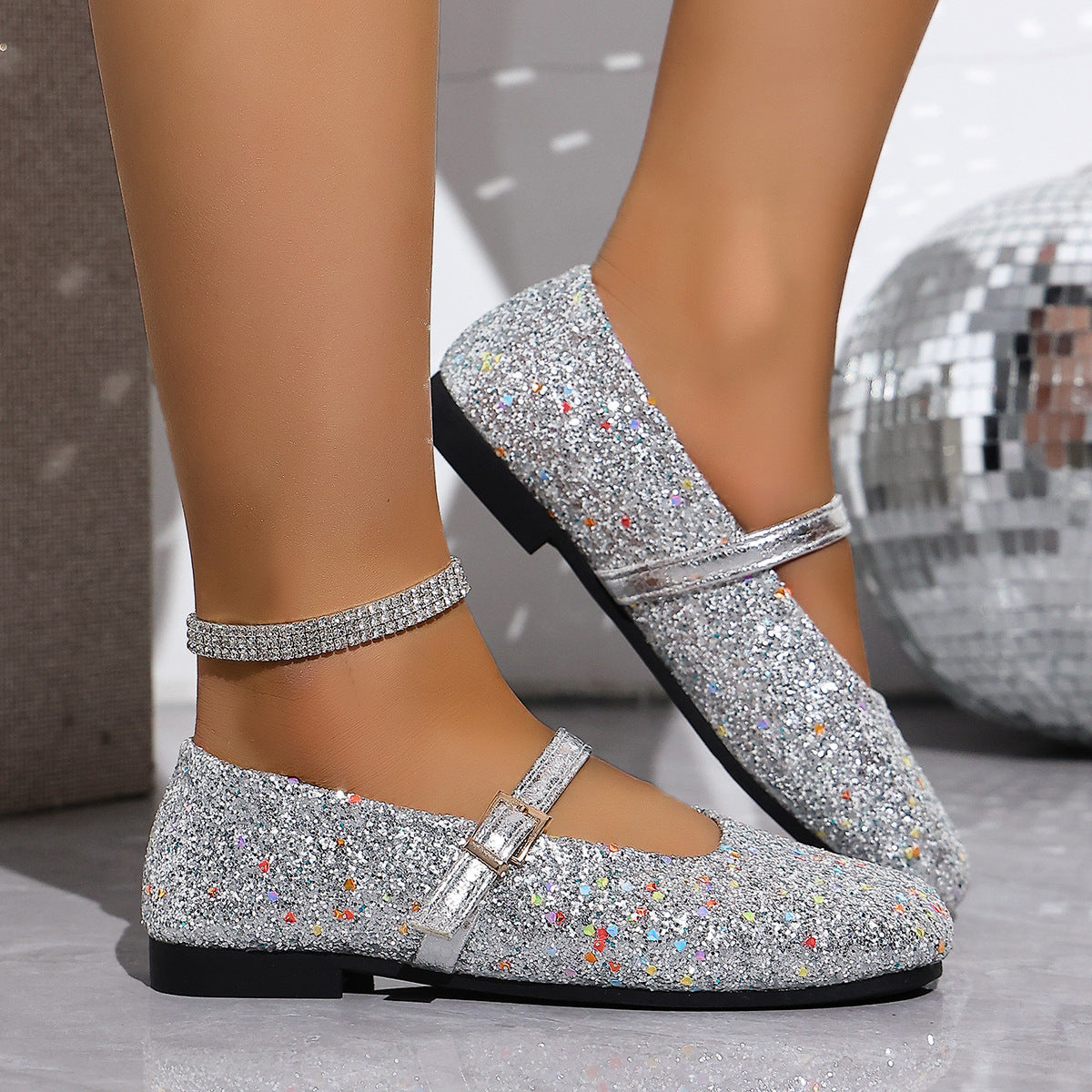 Women's Glitter Mary Jane Shoes with Ankle Strap
