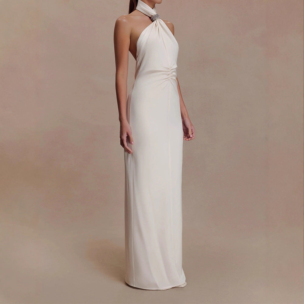 Women’s Backless Halter Maxi Dress with Ruched Bodice and Crystal Detail