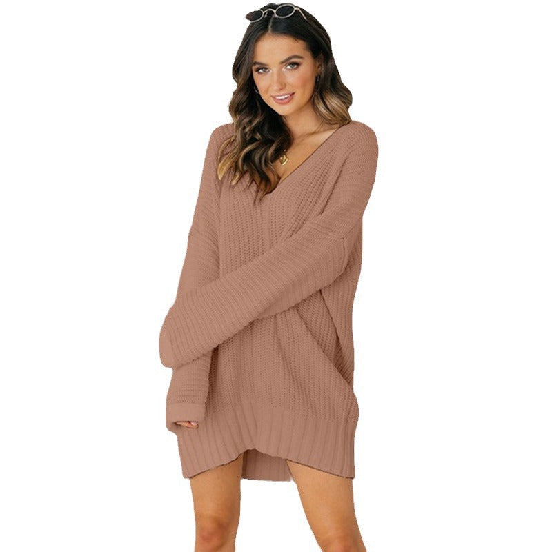 Women's Oversized V-Neck Sweater Dress with Long Sleeves
