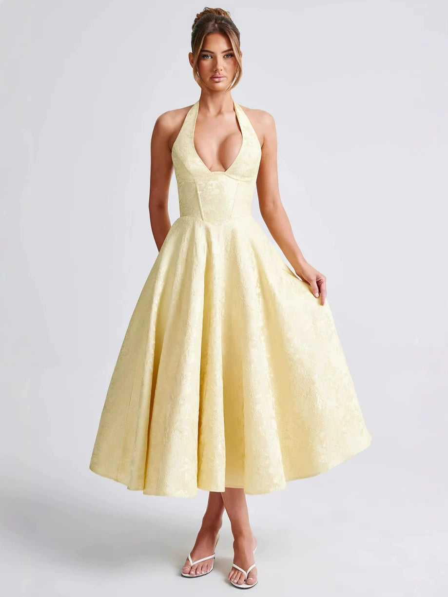 Women’s Midi Dress with Halter Neckline and Corset Bodice