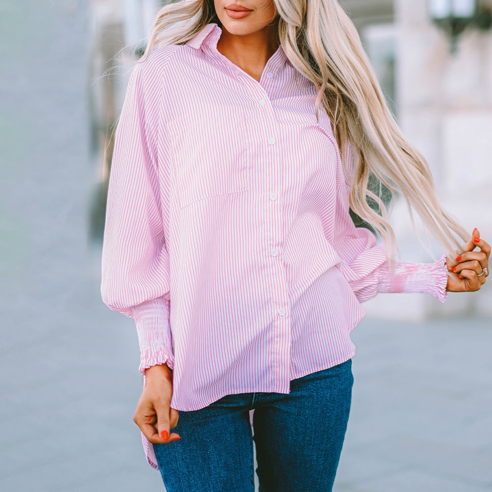 Women's Button Down Shirt Striped Oversized Smocked Cuff Blouse