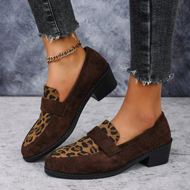 Women's Leopard Print Loafers Low Block Heel Slip-On