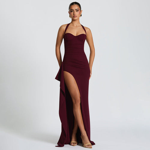 Women’s Corset Bodice Maxi Dress with Halter Neck and Side Slit
