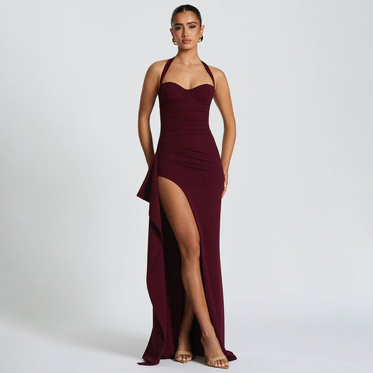 Women’s Corset Bodice Maxi Dress with Halter Neck and Side Slit