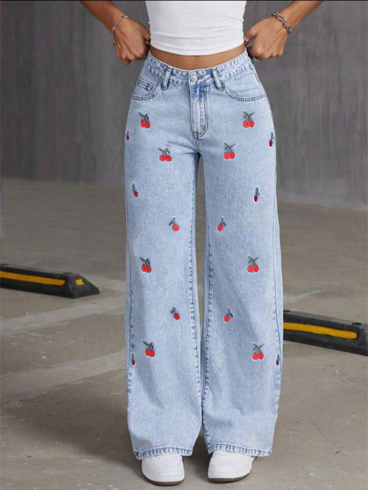 Women's Wide-Leg Denim Trousers with Vintage Korean Design