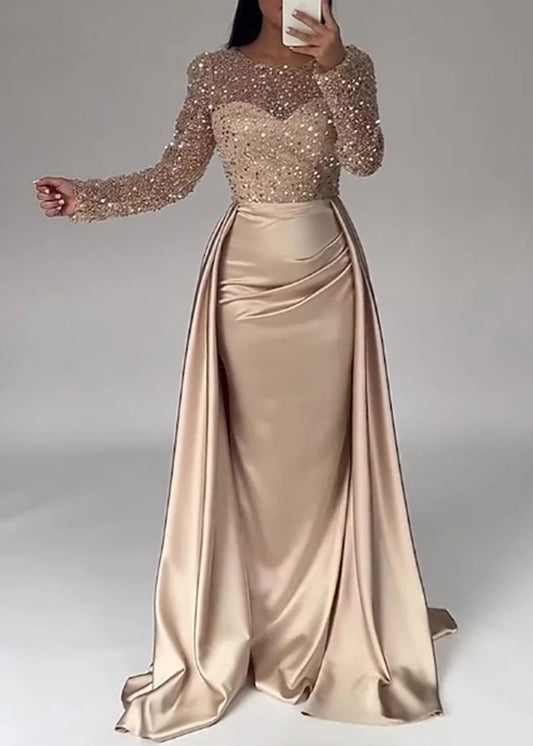 Women’s Mermaid Evening Gown with Sequin Illusion Bodice and Satin Overskirt