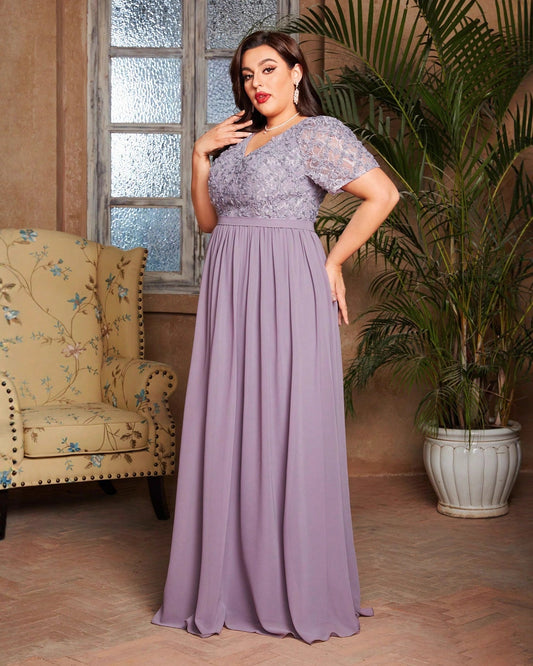 Women’s V-Neck Embroidered Lace Bodice A-Line Chiffon Maxi Evening Gown