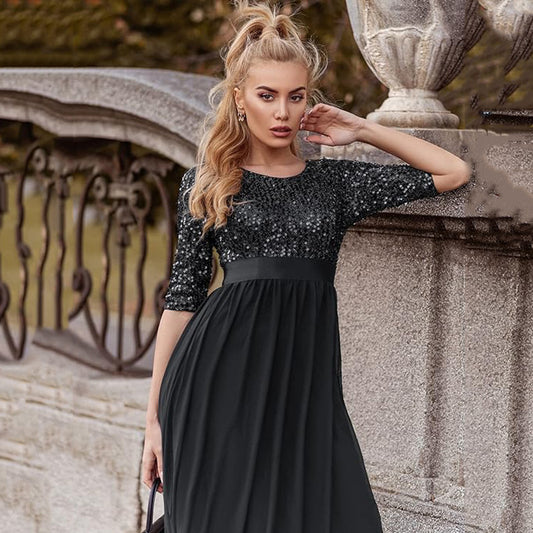 Women’s Formal Evening Gown with Sequin Bodice and Flowing Chiffon Skirt